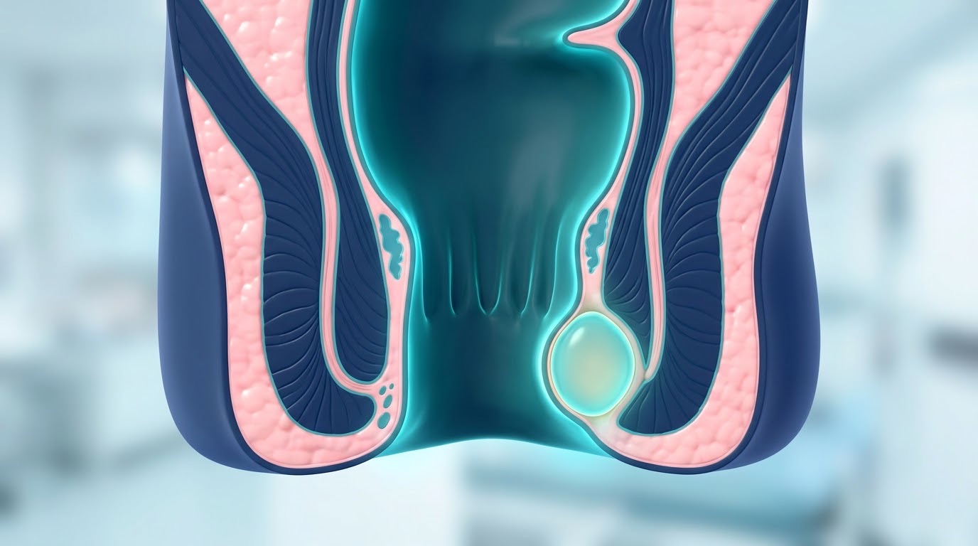 Ilustración de un absceso perianal junto al canal anal