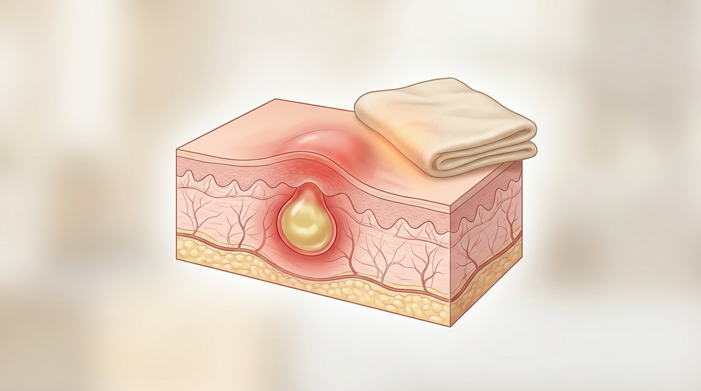 Ilustración de un absceso bajo la piel junto a una compresa tibia