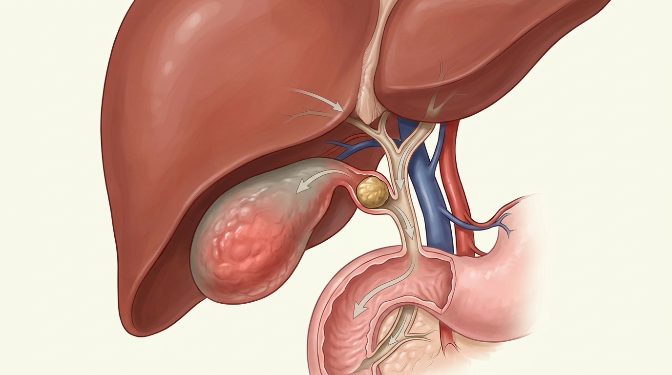 Ilustración de una vesícula inflamada con un cálculo atorado en su salida