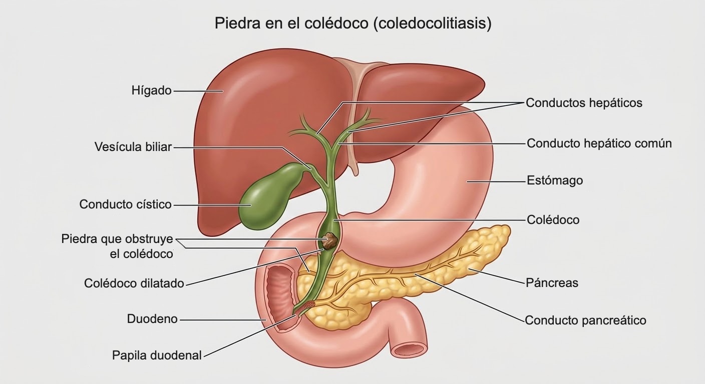 Esquema de una piedra que obstruye el colédoco, con hígado, vesícula biliar, duodeno y páncreas