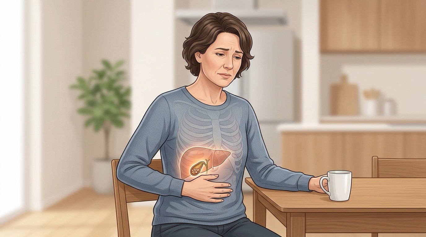 Mujer con dolor en la parte superior derecha del abdomen y esquema de la vesícula con cálculos