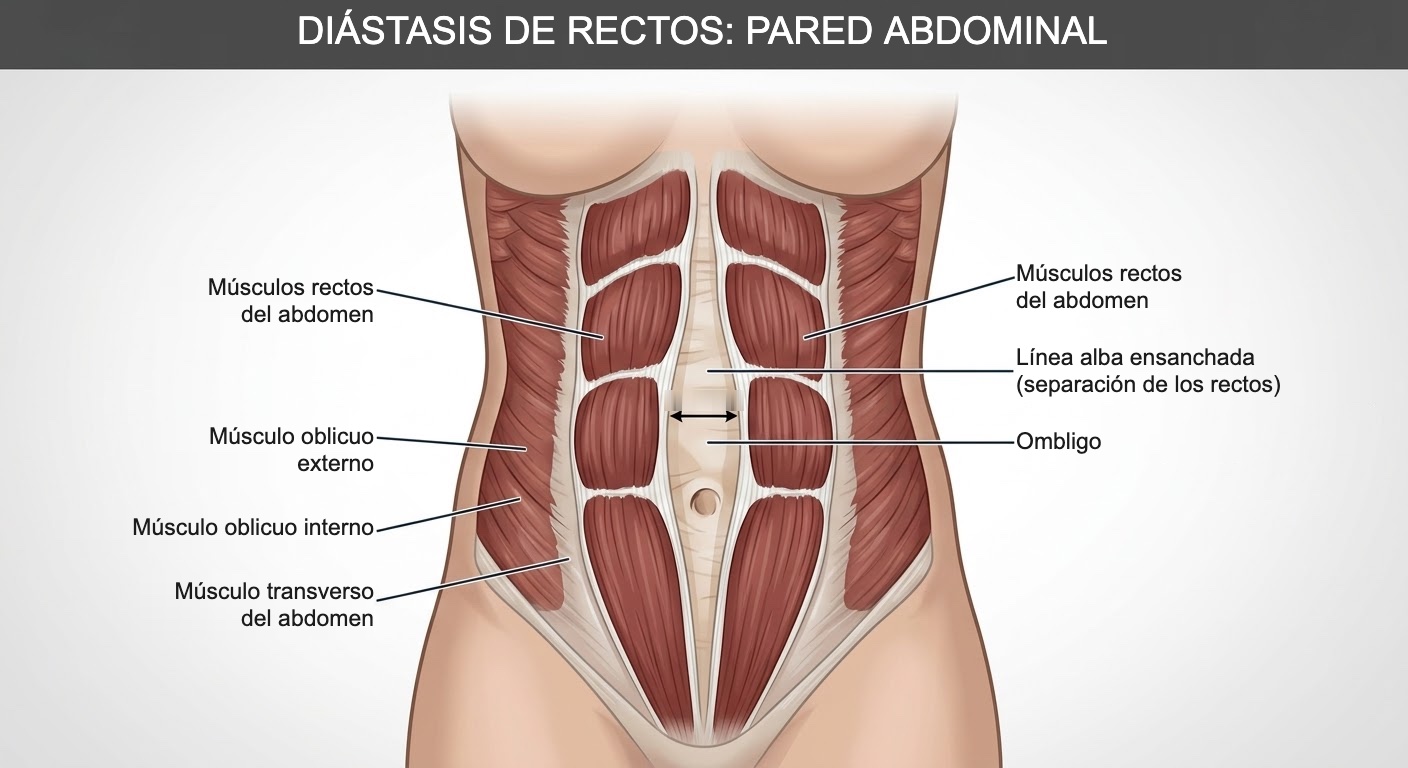 Ilustración de la separación de los músculos rectos del abdomen