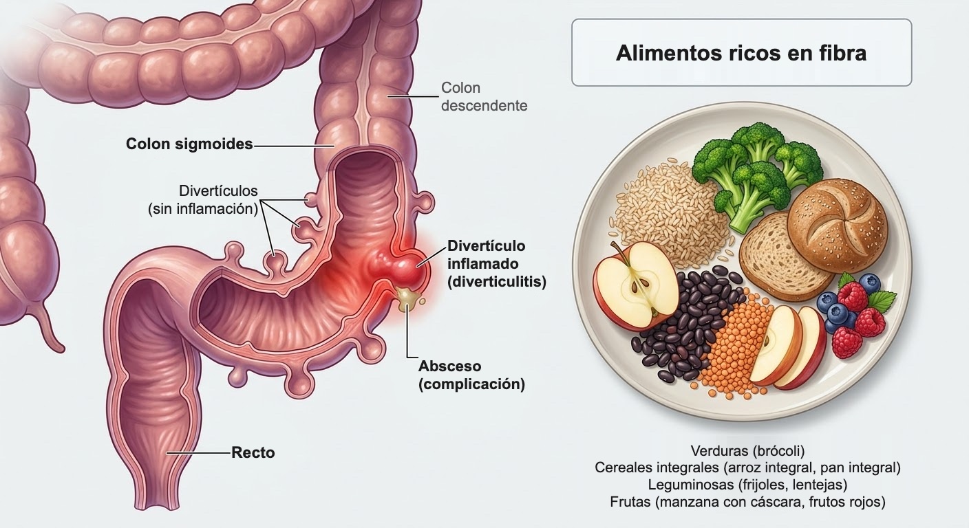 Esquema de divertículos en el colon sigmoides, uno inflamado, junto a alimentos ricos en fibra