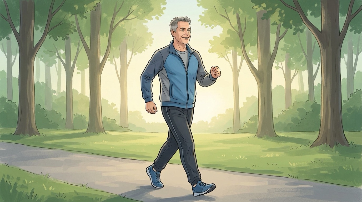 Hombre caminando a paso ligero en un parque