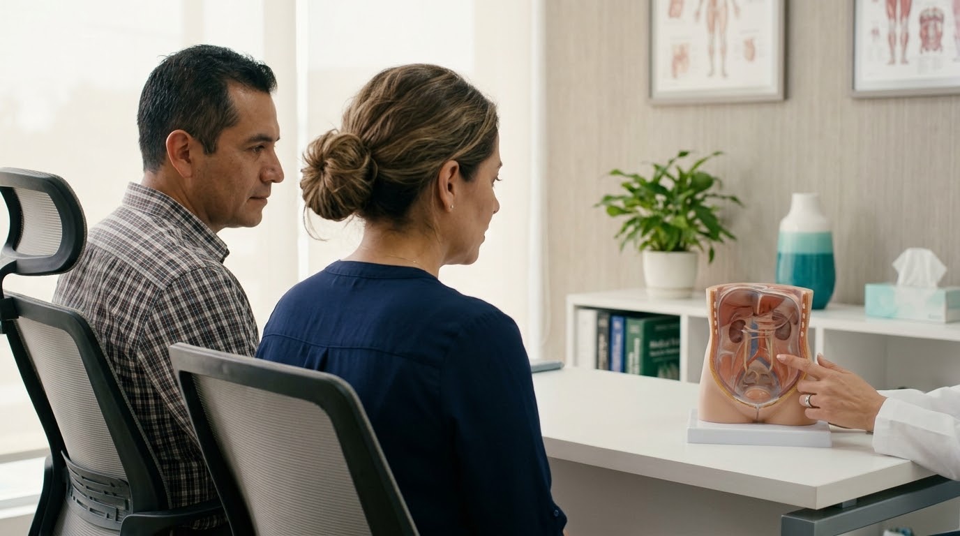 Pareja en una consulta de valoración con el cirujano, que señala un modelo anatómico del abdomen