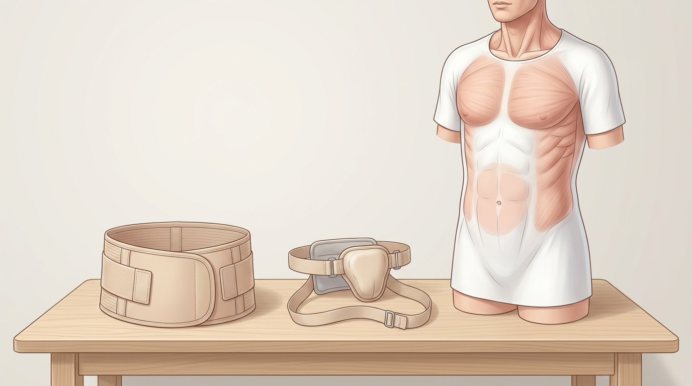 Faja abdominal y braguero para hernia sobre una mesa
