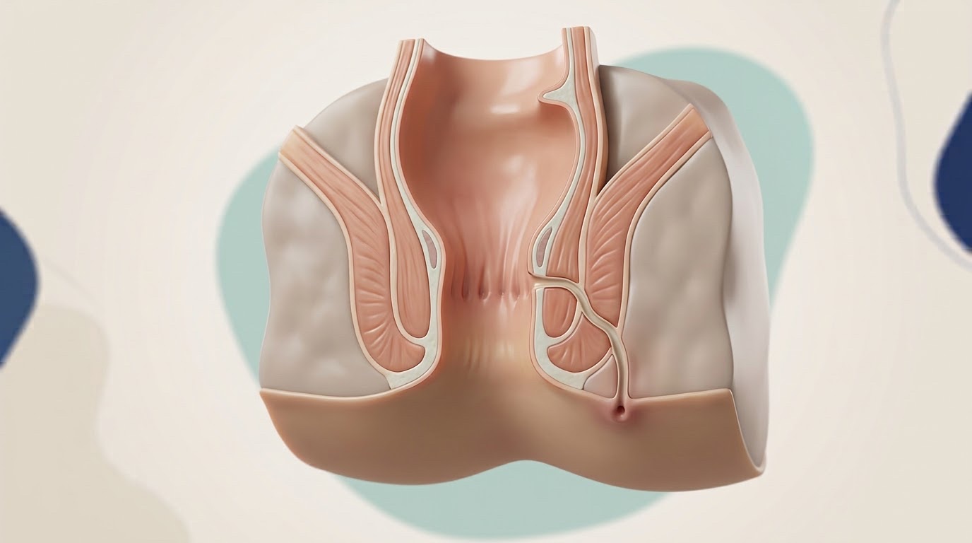 Ilustración de una fístula anal: un trayecto entre el canal anal y la piel