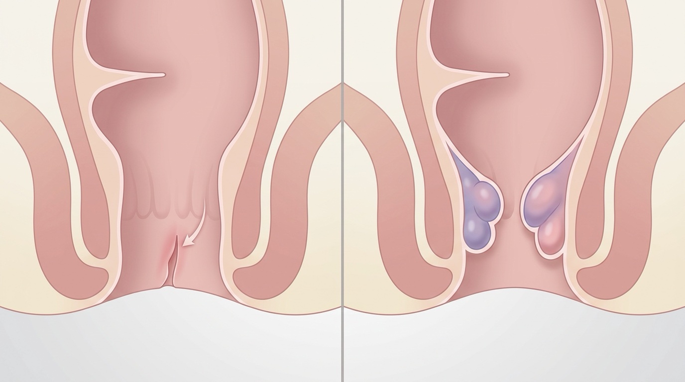 Comparación del canal anal con una fisura y con hemorroides