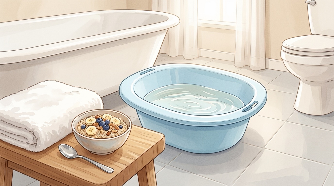 Baño de asiento con agua tibia, toalla y un plato de avena con fruta