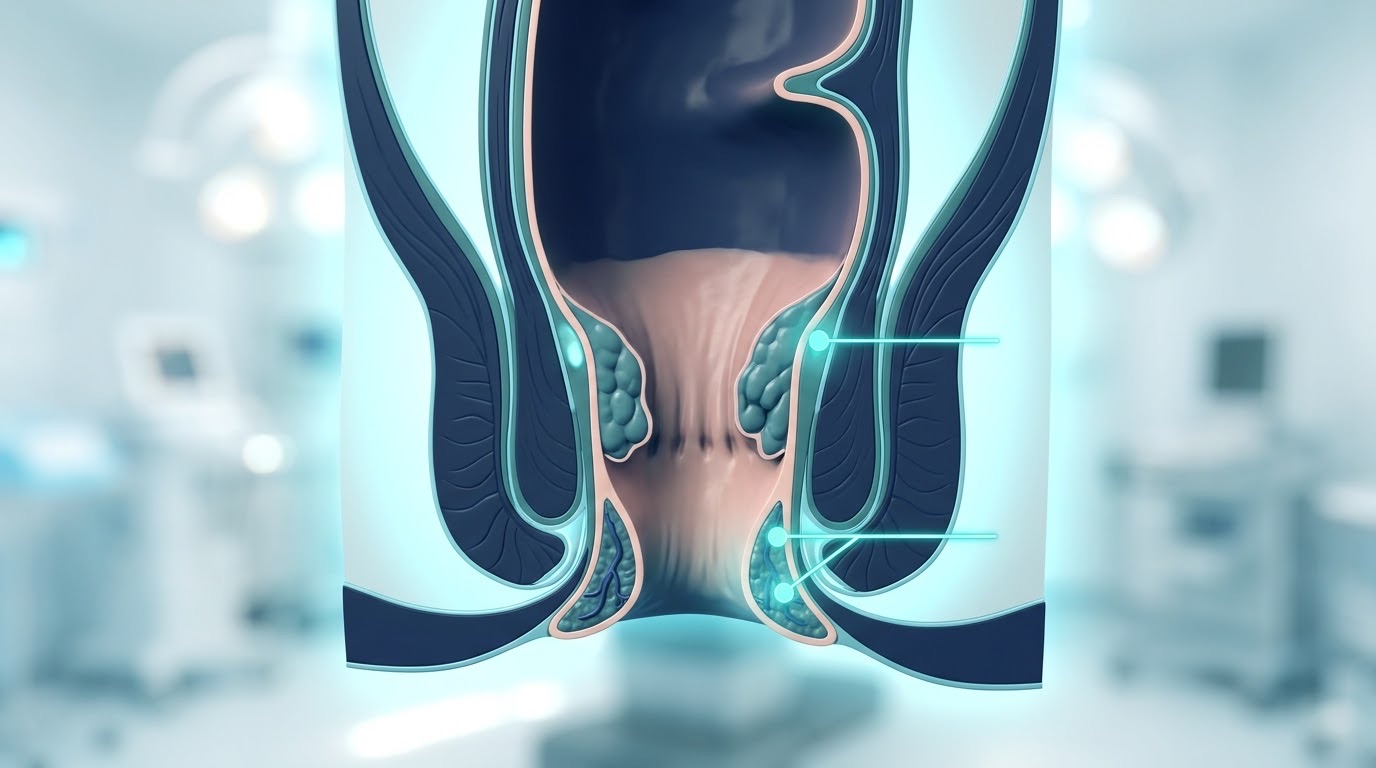 Ilustración del canal anal con hemorroides internas y externas