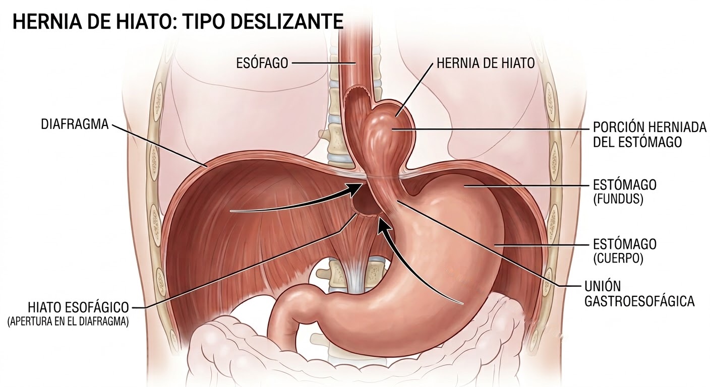 Esquema de una hernia de hiato deslizante: parte del estómago sube por el hiato del diafragma