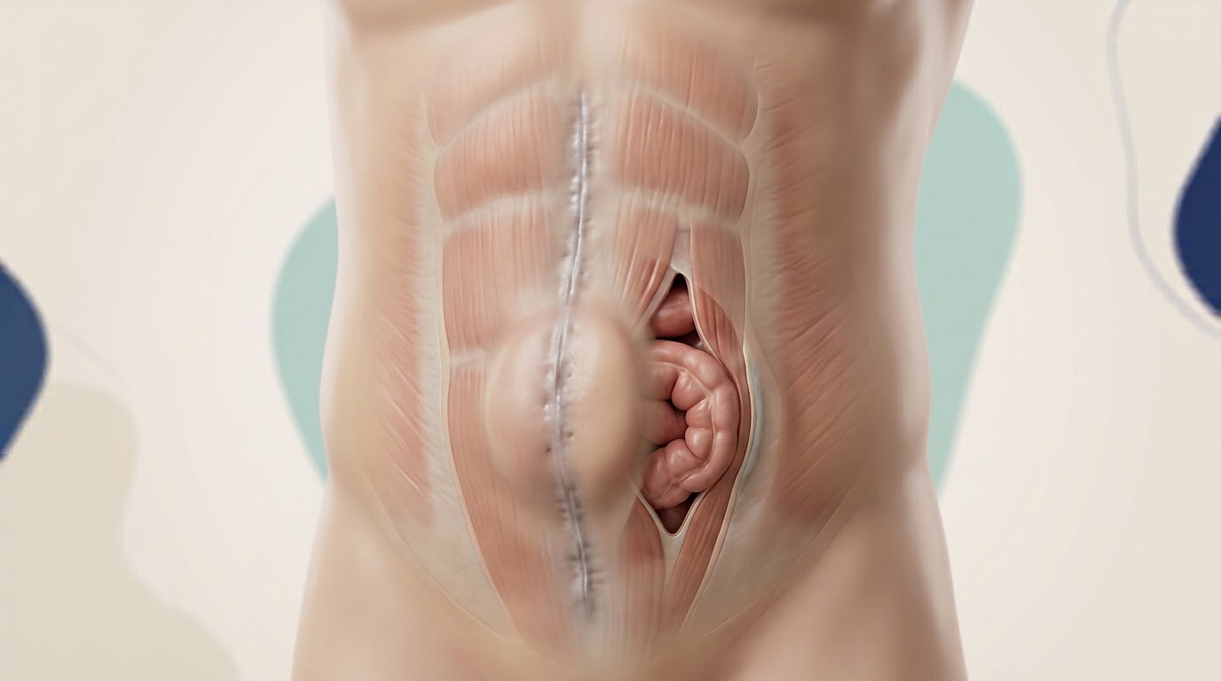 Ilustración de una hernia incisional junto a la cicatriz de una cirugía previa