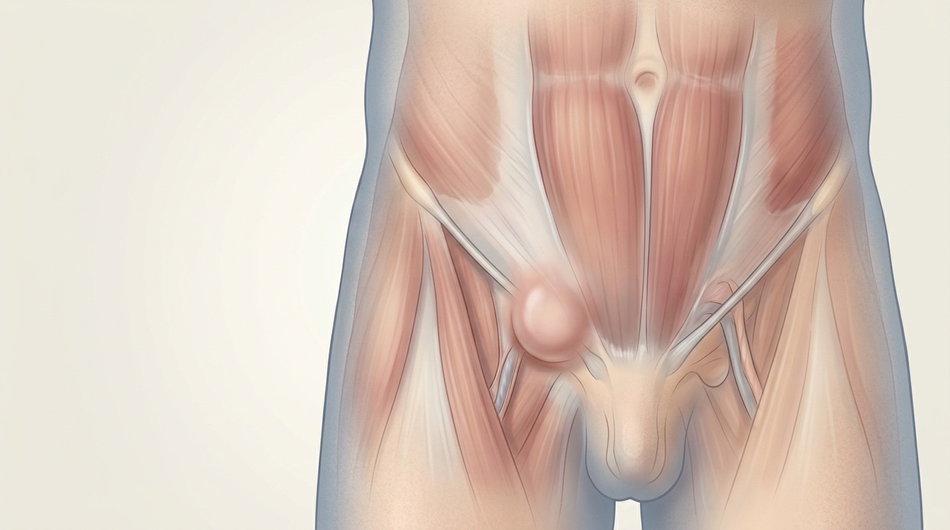 Ilustración de una hernia inguinal: bulto en la ingle a través de la pared abdominal