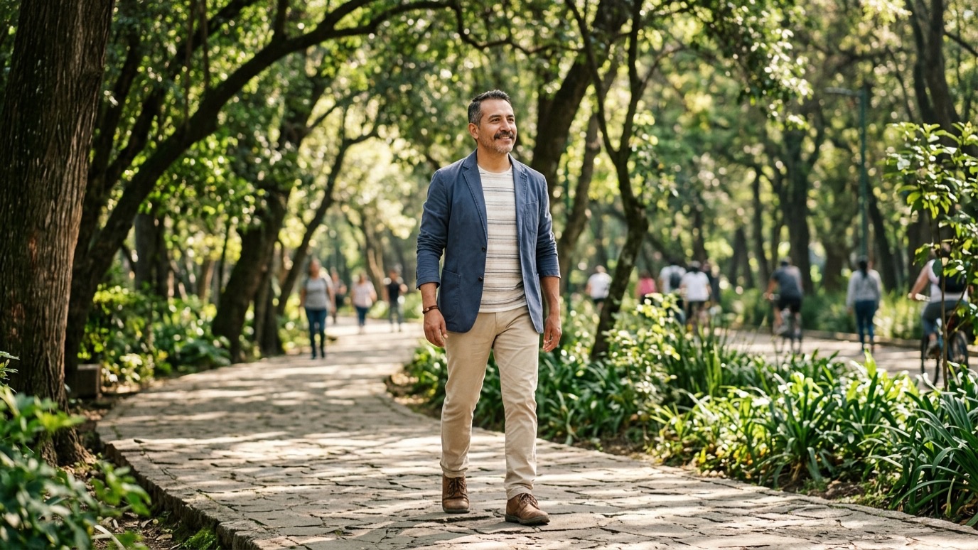 Paciente caminando en un parque durante su recuperación de cirugía de hernia inguinal