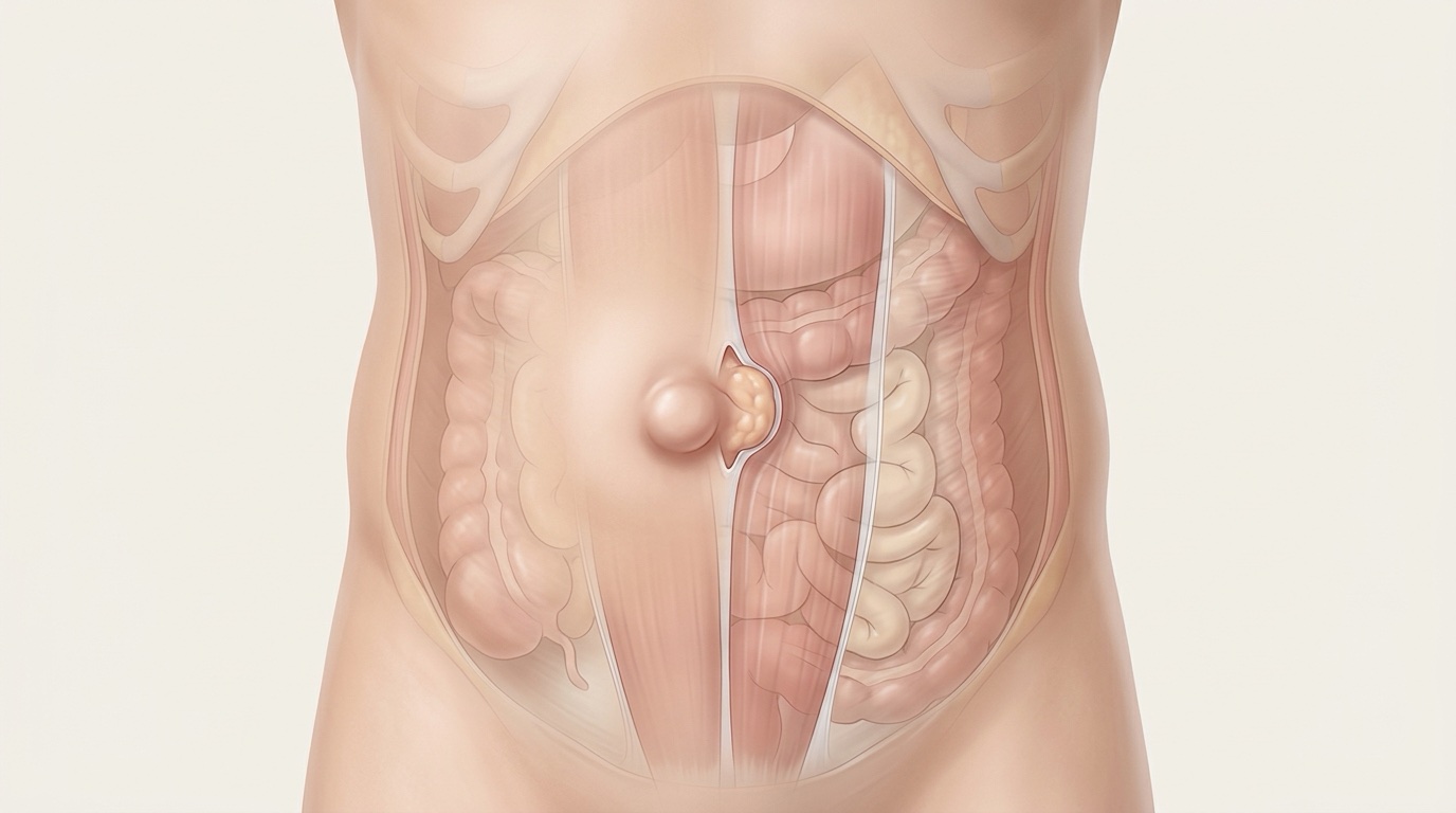 Ilustración de una hernia umbilical en un adulto