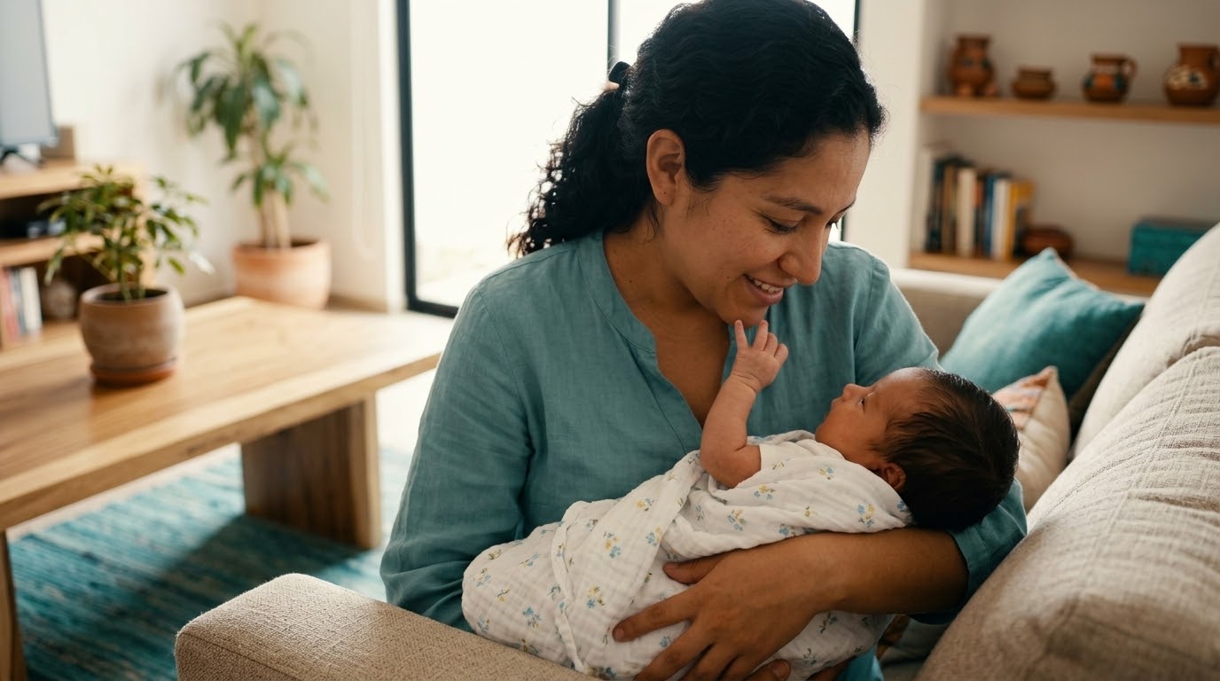 Mamá con su bebé en casa después del embarazo