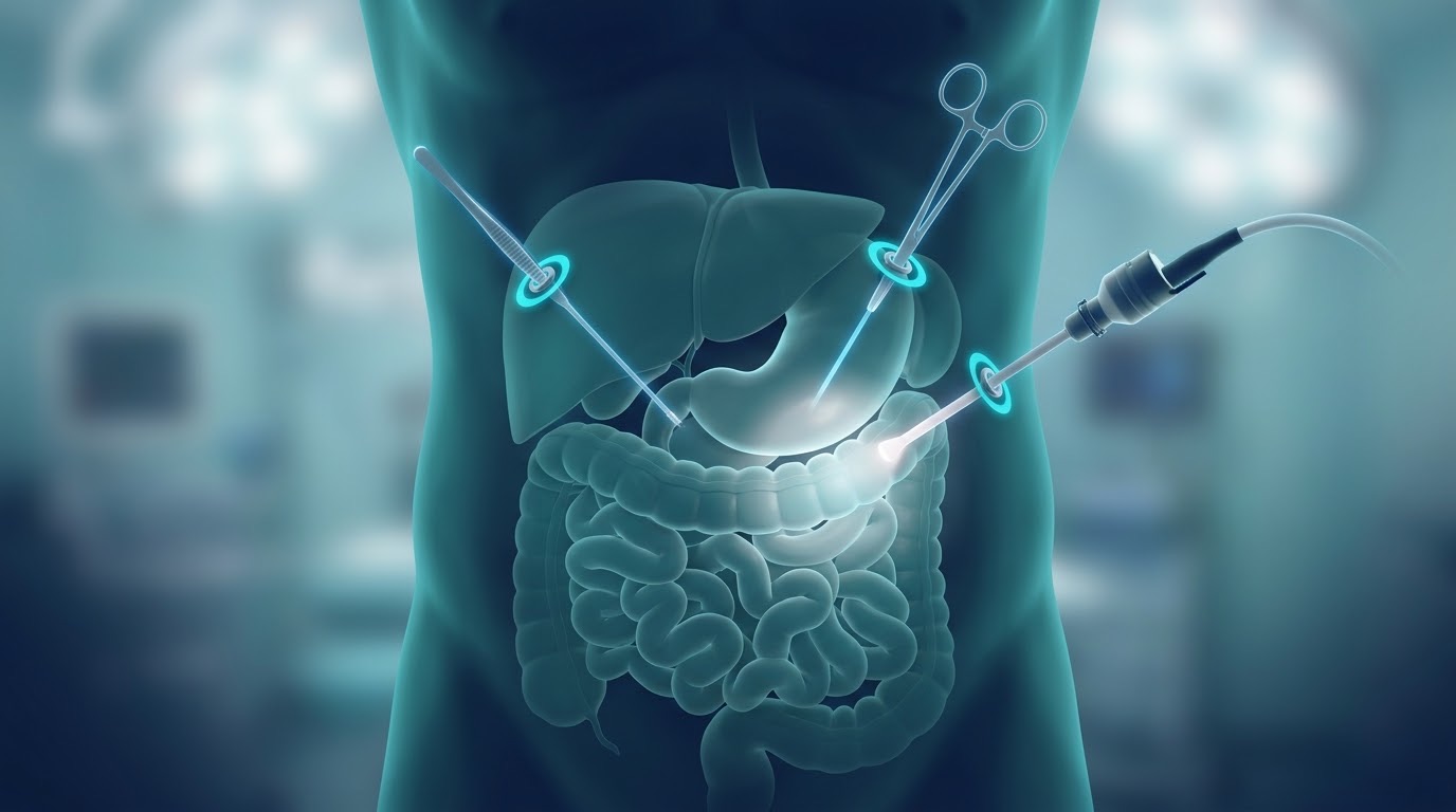 Ilustración del abdomen con tres puertos de laparoscopia, instrumentos y cámara