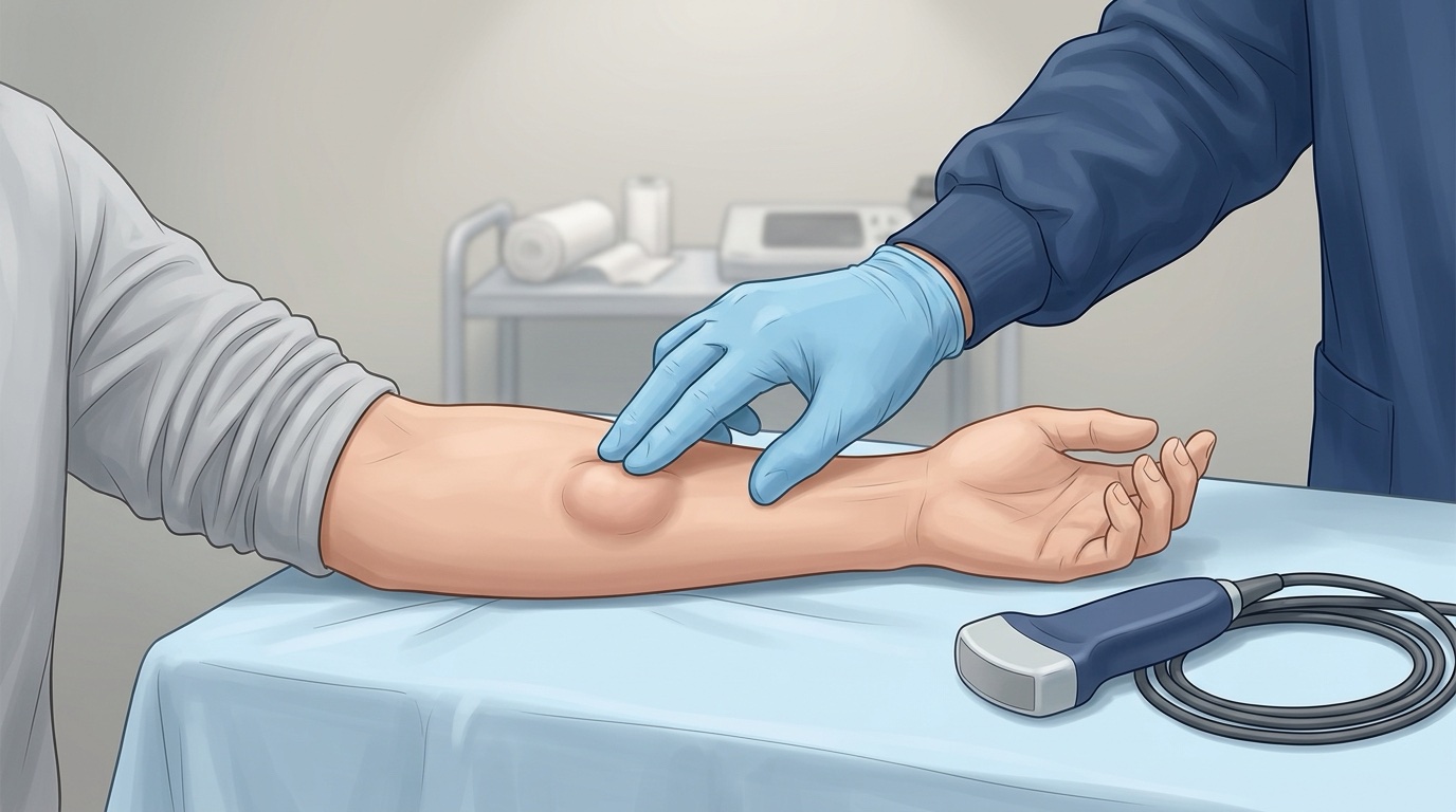 Exploración de un bulto blando bajo la piel del antebrazo