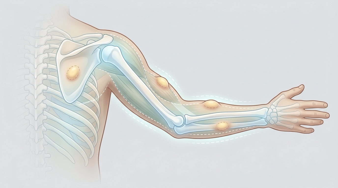 Ilustración de varios lipomas bajo la piel del brazo y la espalda