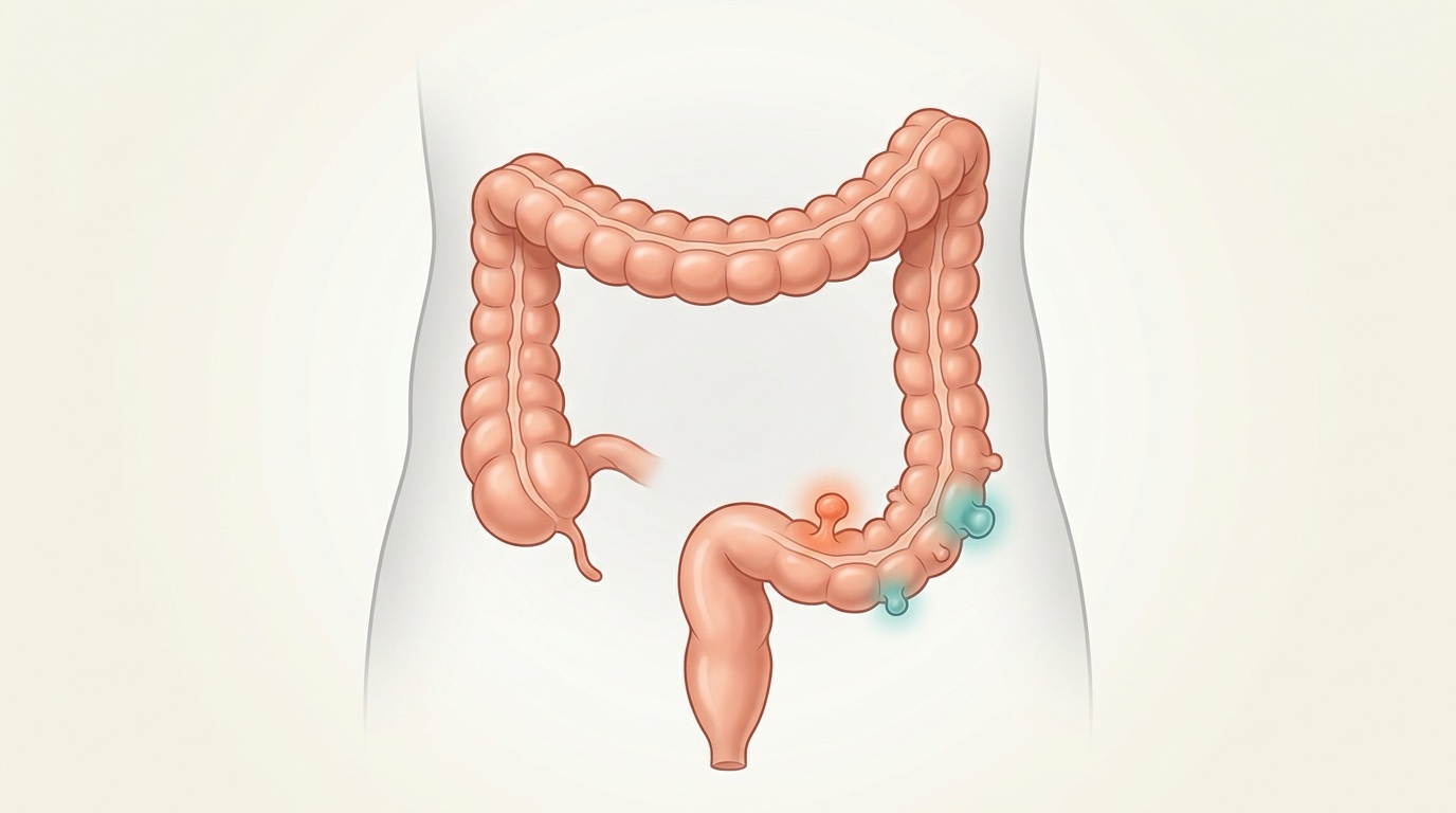 Ilustración del colon y el recto con un pólipo y divertículos