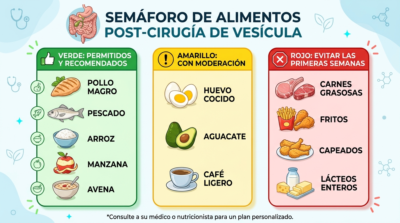 Semáforo de alimentos post-cirugía de vesícula: permitidos, con moderación y a evitar